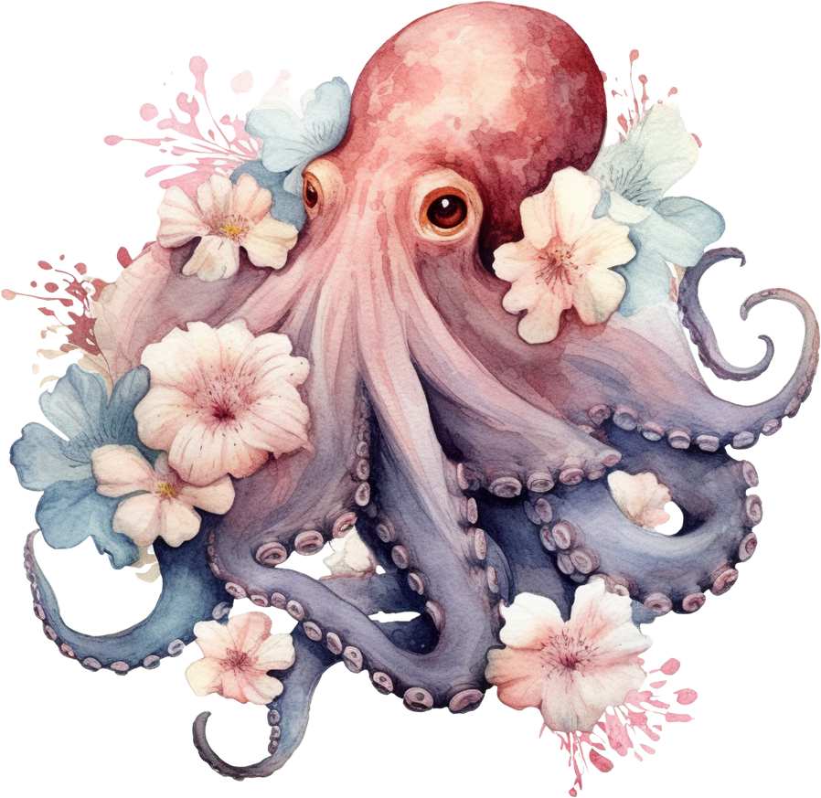 Watercolor Octopus with Flowers